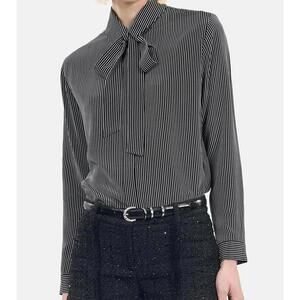 The Kooples Micro Striped 100% Silk Tie-Neck Blouse Size US S / FR 1 $415 NWT